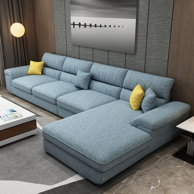 137.8"L x 70.87"W x 37.4"H Removable Cushions Sectionals in Khaki/Blue/Gray Light Blue Cotton Blend Latex Clearhalo 'furn' 'furn_sectionals' 'Furniture' 'furniture_sectionals' 'kitchen' 'kitchen_sectionals' 'Living Room Furniture' 'Sectionals' 4820817