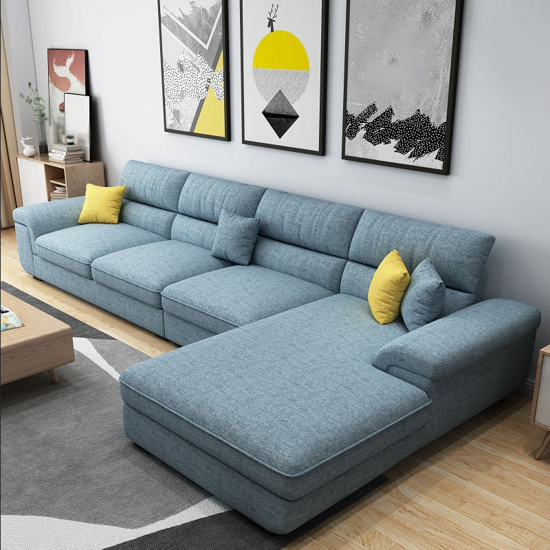 137.8"L x 70.87"W x 37.4"H Removable Cushions Sectionals in Khaki/Blue/Gray Light Blue Cotton Blend Sponge Clearhalo 'furn' 'furn_sectionals' 'Furniture' 'furniture_sectionals' 'kitchen' 'kitchen_sectionals' 'Living Room Furniture' 'Sectionals' 4820821