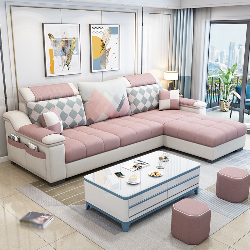 Sloped Arms Pillowed Back Cushions Storage Sectional Sofa with Chaise Pink Clearhalo 'furn' 'furn_sectionals' 'Furniture' 'furniture_sectionals' 'kitchen' 'kitchen_sectionals' 'Living Room Furniture' 'Sectionals' 4820858