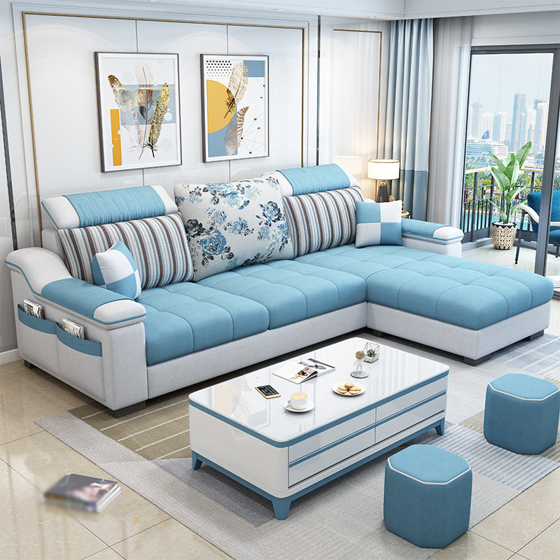 Sloped Arms Pillowed Back Cushions Storage Sectional Sofa with Chaise Sky Blue Clearhalo 'furn' 'furn_sectionals' 'Furniture' 'furniture_sectionals' 'kitchen' 'kitchen_sectionals' 'Living Room Furniture' 'Sectionals' 4820859