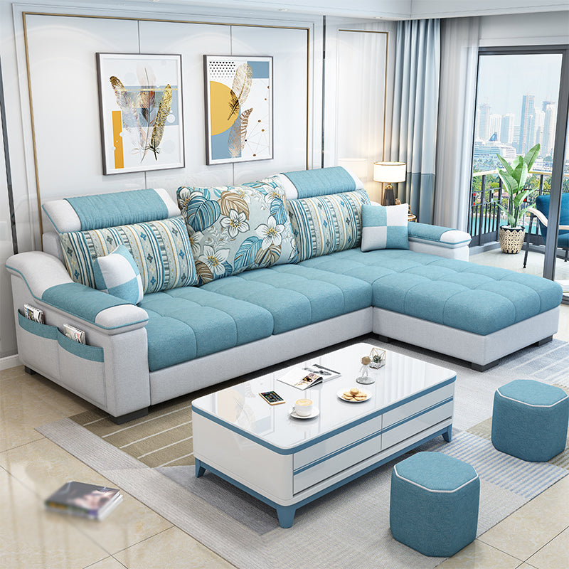 Sloped Arms Pillowed Back Cushions Storage Sectional Sofa with Chaise Light Blue Clearhalo 'furn' 'furn_sectionals' 'Furniture' 'furniture_sectionals' 'kitchen' 'kitchen_sectionals' 'Living Room Furniture' 'Sectionals' 4820867