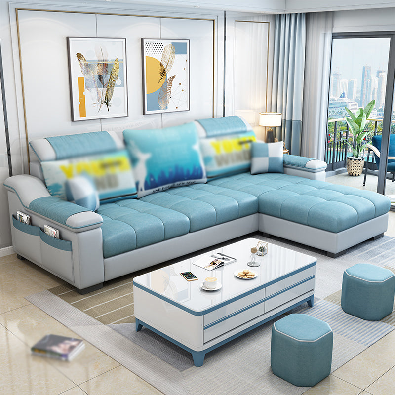 Sloped Arms Pillowed Back Cushions Storage Sectional Sofa with Chaise Blue Clearhalo 'furn' 'furn_sectionals' 'Furniture' 'furniture_sectionals' 'kitchen' 'kitchen_sectionals' 'Living Room Furniture' 'Sectionals' 4820869