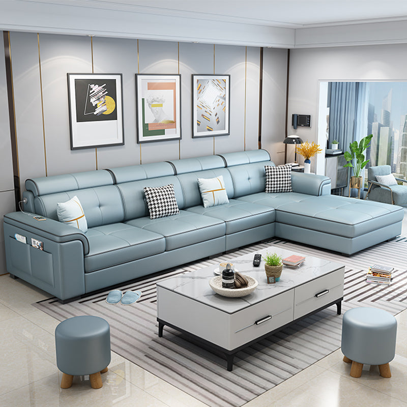 133.07" L x 70.86" W x 35.43" H Pillow Top Arm Sectional with Pillowed Back Cushions Aqua Faux Leather Clearhalo 'furn' 'furn_sectionals' 'Furniture' 'furniture_sectionals' 'kitchen' 'kitchen_sectionals' 'Living Room Furniture' 'Sectionals' 4820889