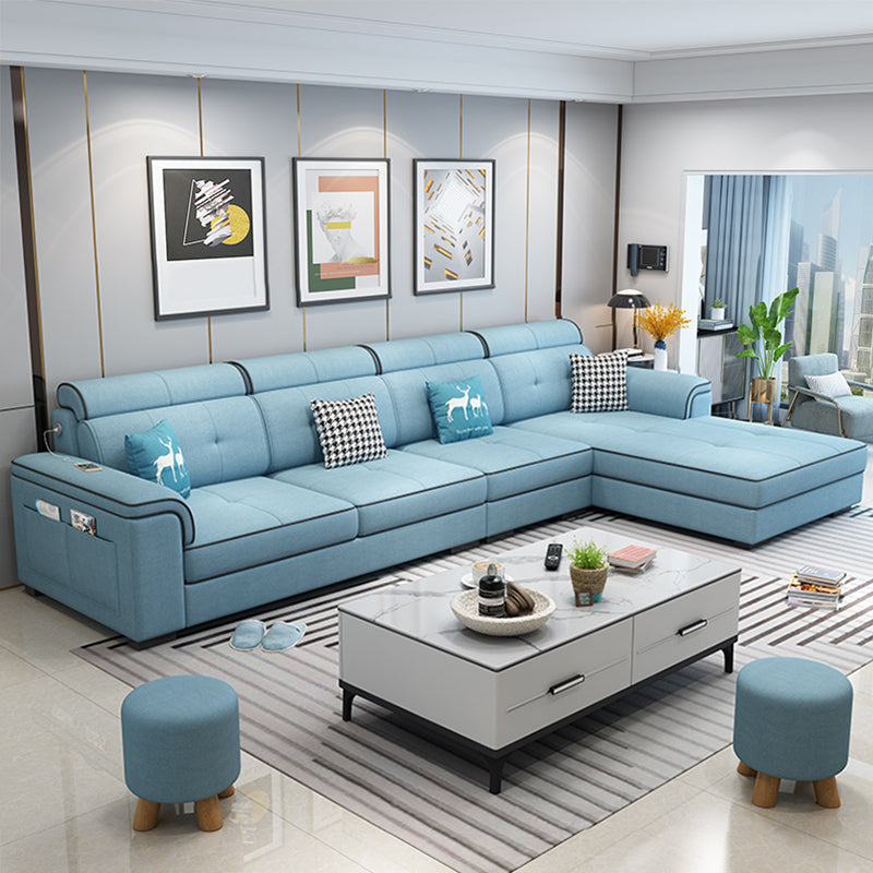 133.07" L x 70.86" W x 35.43" H Pillow Top Arm Sectional with Pillowed Back Cushions Sky Blue Linen Clearhalo 'furn' 'furn_sectionals' 'Furniture' 'furniture_sectionals' 'kitchen' 'kitchen_sectionals' 'Living Room Furniture' 'Sectionals' 4820891