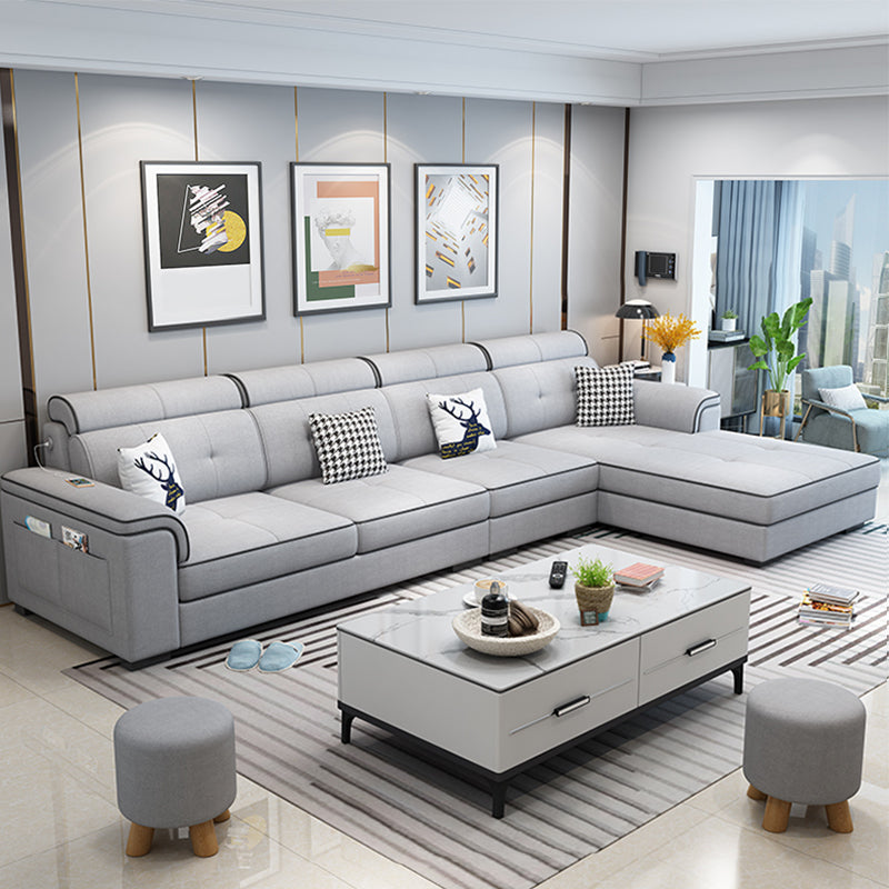 133.07" L x 70.86" W x 35.43" H Pillow Top Arm Sectional with Pillowed Back Cushions Gray-White Linen Clearhalo 'furn' 'furn_sectionals' 'Furniture' 'furniture_sectionals' 'kitchen' 'kitchen_sectionals' 'Living Room Furniture' 'Sectionals' 4820893