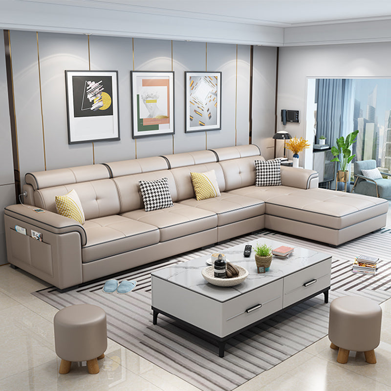 133.07" L x 70.86" W x 35.43" H Pillow Top Arm Sectional with Pillowed Back Cushions Light Khaki Faux Leather Clearhalo 'furn' 'furn_sectionals' 'Furniture' 'furniture_sectionals' 'kitchen' 'kitchen_sectionals' 'Living Room Furniture' 'Sectionals' 4820895