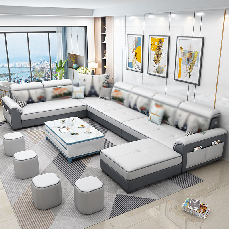 Square Arm Pillowed Back Cushions 6-Seater Faux Leather and Fabric Sectionals Sofas Grey White Clearhalo 'furn' 'furn_sectionals' 'Furniture' 'furniture_sectionals' 'kitchen' 'kitchen_sectionals' 'Living Room Furniture' 'Sectionals' 4820976