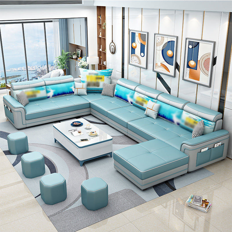 6-Seater Pillowed Back Cushions Square Arm Sectional Sofa for Living Room Light Blue Clearhalo 'furn' 'furn_sectionals' 'Furniture' 'furniture_sectionals' 'kitchen' 'kitchen_sectionals' 'Living Room Furniture' 'Sectionals' 4821011
