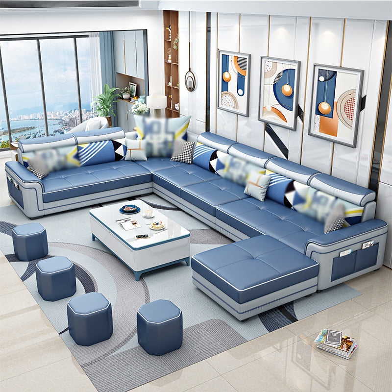 6-Seater Pillowed Back Cushions Square Arm Sectional Sofa for Living Room Blue Clearhalo 'furn' 'furn_sectionals' 'Furniture' 'furniture_sectionals' 'kitchen' 'kitchen_sectionals' 'Living Room Furniture' 'Sectionals' 4821012
