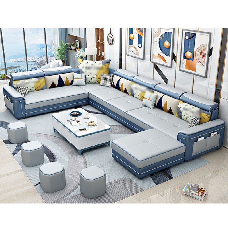 6-Seater Pillowed Back Cushions Square Arm Sectional Sofa for Living Room Blue White Clearhalo 'furn' 'furn_sectionals' 'Furniture' 'furniture_sectionals' 'kitchen' 'kitchen_sectionals' 'Living Room Furniture' 'Sectionals' 4821016