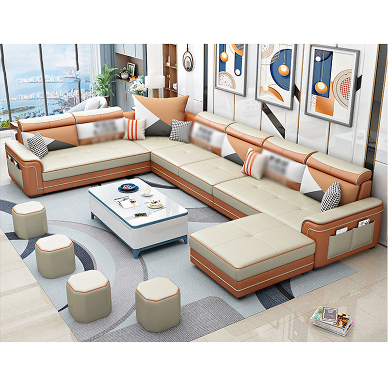 6-Seater Pillowed Back Cushions Square Arm Sectional Sofa for Living Room Orange White Clearhalo 'furn' 'furn_sectionals' 'Furniture' 'furniture_sectionals' 'kitchen' 'kitchen_sectionals' 'Living Room Furniture' 'Sectionals' 4821017