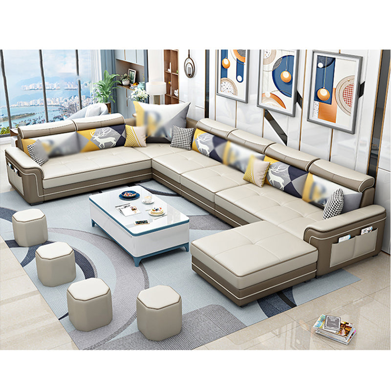 6-Seater Pillowed Back Cushions Square Arm Sectional Sofa for Living Room Coffee White Clearhalo 'furn' 'furn_sectionals' 'Furniture' 'furniture_sectionals' 'kitchen' 'kitchen_sectionals' 'Living Room Furniture' 'Sectionals' 4821018