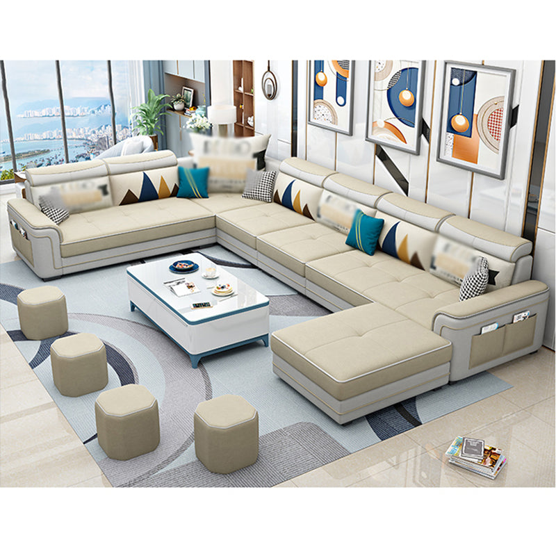 6-Seater Pillowed Back Cushions Square Arm Sectional Sofa for Living Room Light Yellow Clearhalo 'furn' 'furn_sectionals' 'Furniture' 'furniture_sectionals' 'kitchen' 'kitchen_sectionals' 'Living Room Furniture' 'Sectionals' 4821019