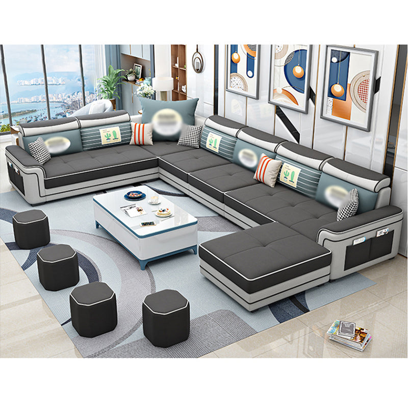 6-Seater Pillowed Back Cushions Square Arm Sectional Sofa for Living Room Dark Brown Clearhalo 'furn' 'furn_sectionals' 'Furniture' 'furniture_sectionals' 'kitchen' 'kitchen_sectionals' 'Living Room Furniture' 'Sectionals' 4821021