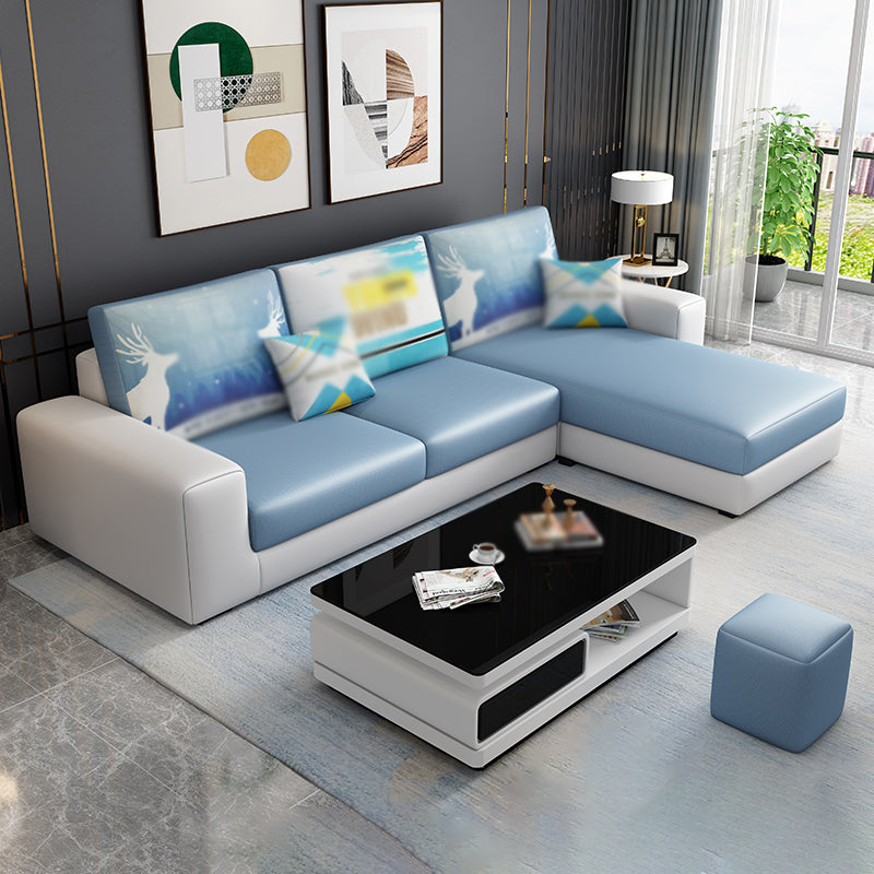 Square Arm Sectionals 27.56"High Removable Cushions Sofa with Ottomans Light Blue-White Clearhalo 'furn' 'furn_sectionals' 'Furniture' 'furniture_sectionals' 'kitchen' 'kitchen_sectionals' 'Living Room Furniture' 'Sectionals' 4821139