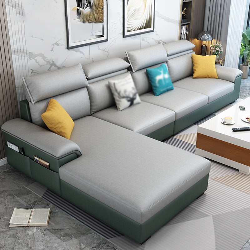 Cotton Blend and Faux Leather 4-Seater L-Shape Left Hand Facing Sectional Sofa with Chaise Green Grey Faux Leather Clearhalo 'furn' 'furn_sectionals' 'Furniture' 'furniture_sectionals' 'kitchen' 'kitchen_sectionals' 'Living Room Furniture' 'Sectionals' 4821167