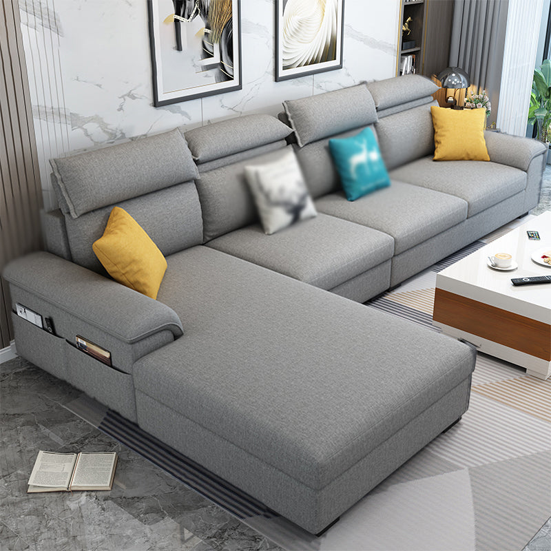 Cotton Blend and Faux Leather 4-Seater L-Shape Left Hand Facing Sectional Sofa with Chaise Light Gray Cotton Blend Clearhalo 'furn' 'furn_sectionals' 'Furniture' 'furniture_sectionals' 'kitchen' 'kitchen_sectionals' 'Living Room Furniture' 'Sectionals' 4821170