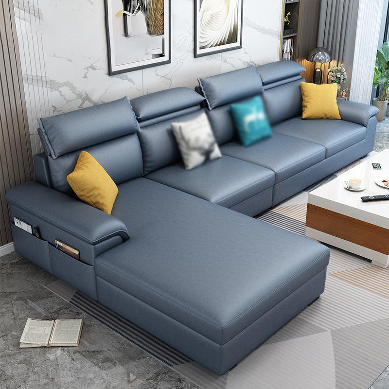 Cotton Blend and Faux Leather 4-Seater L-Shape Left Hand Facing Sectional Sofa with Chaise Blue Faux Leather Clearhalo 'furn' 'furn_sectionals' 'Furniture' 'furniture_sectionals' 'kitchen' 'kitchen_sectionals' 'Living Room Furniture' 'Sectionals' 4821171