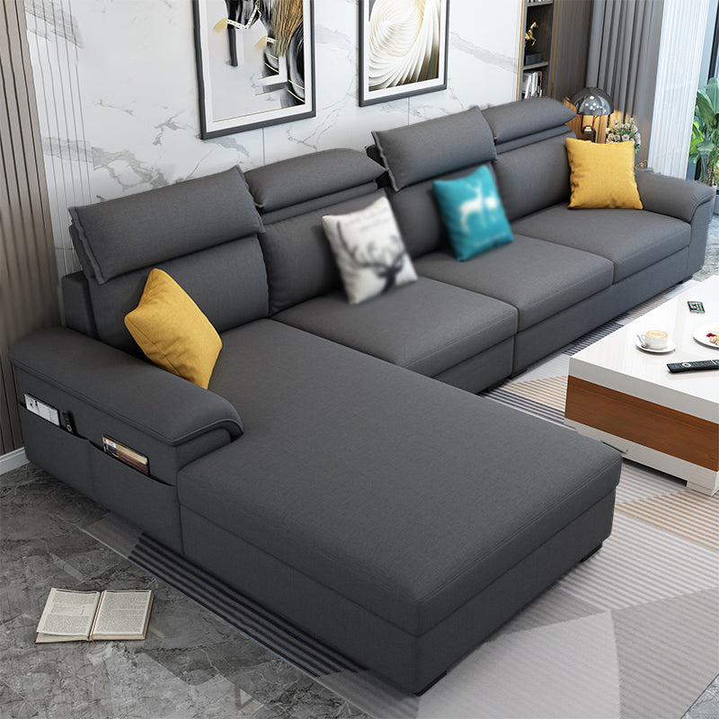 Cotton Blend and Faux Leather 4-Seater L-Shape Left Hand Facing Sectional Sofa with Chaise Dark Gray Cotton Blend Clearhalo 'furn' 'furn_sectionals' 'Furniture' 'furniture_sectionals' 'kitchen' 'kitchen_sectionals' 'Living Room Furniture' 'Sectionals' 4821172
