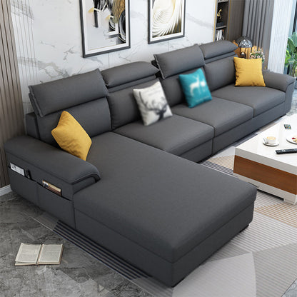 Cotton Blend and Faux Leather 4-Seater L-Shape Left Hand Facing Sectional Sofa with Chaise Dark Gray Cotton Blend Clearhalo 'furn' 'furn_sectionals' 'Furniture' 'furniture_sectionals' 'kitchen' 'kitchen_sectionals' 'Living Room Furniture' 'Sectionals' 4821172