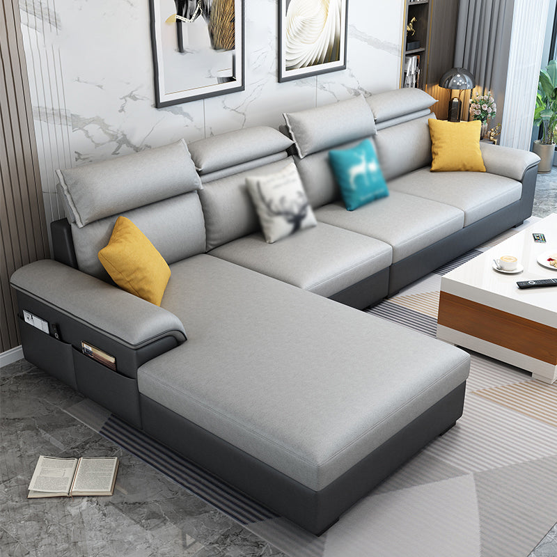 Cotton Blend and Faux Leather 4-Seater L-Shape Left Hand Facing Sectional Sofa with Chaise Dark Grey Light Grey Faux Leather Clearhalo 'furn' 'furn_sectionals' 'Furniture' 'furniture_sectionals' 'kitchen' 'kitchen_sectionals' 'Living Room Furniture' 'Sectionals' 4821176