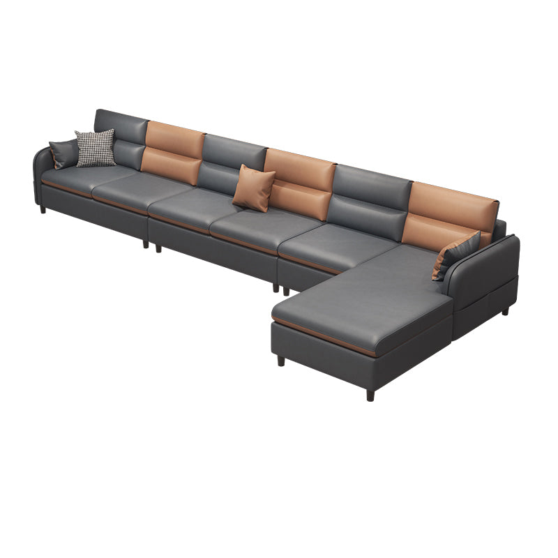 Stain Resistan Faux Leather Square Arm Sectional with Pillowed Back Cushions for Apartment 150"L x 63"W x 29.5"H Right Clearhalo 'furn' 'furn_sectionals' 'Furniture' 'furniture_sectionals' 'kitchen' 'kitchen_sectionals' 'Living Room Furniture' 'Sectionals' 4821204
