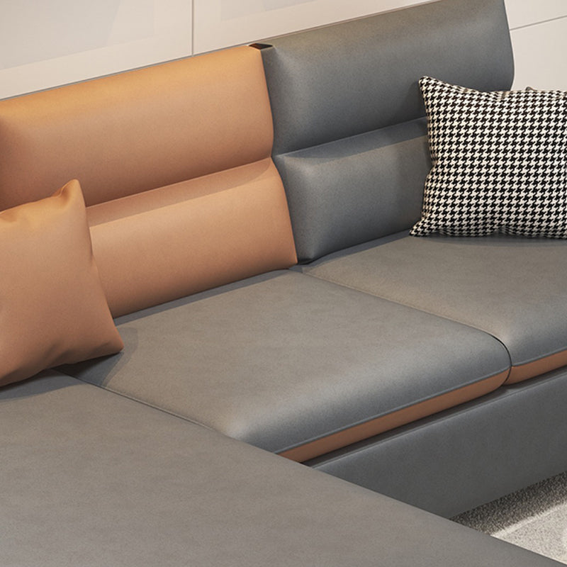 Stain Resistan Faux Leather Square Arm Sectional with Pillowed Back Cushions for Apartment Clearhalo 'furn' 'furn_sectionals' 'Furniture' 'furniture_sectionals' 'kitchen' 'kitchen_sectionals' 'Living Room Furniture' 'Sectionals' 4821206