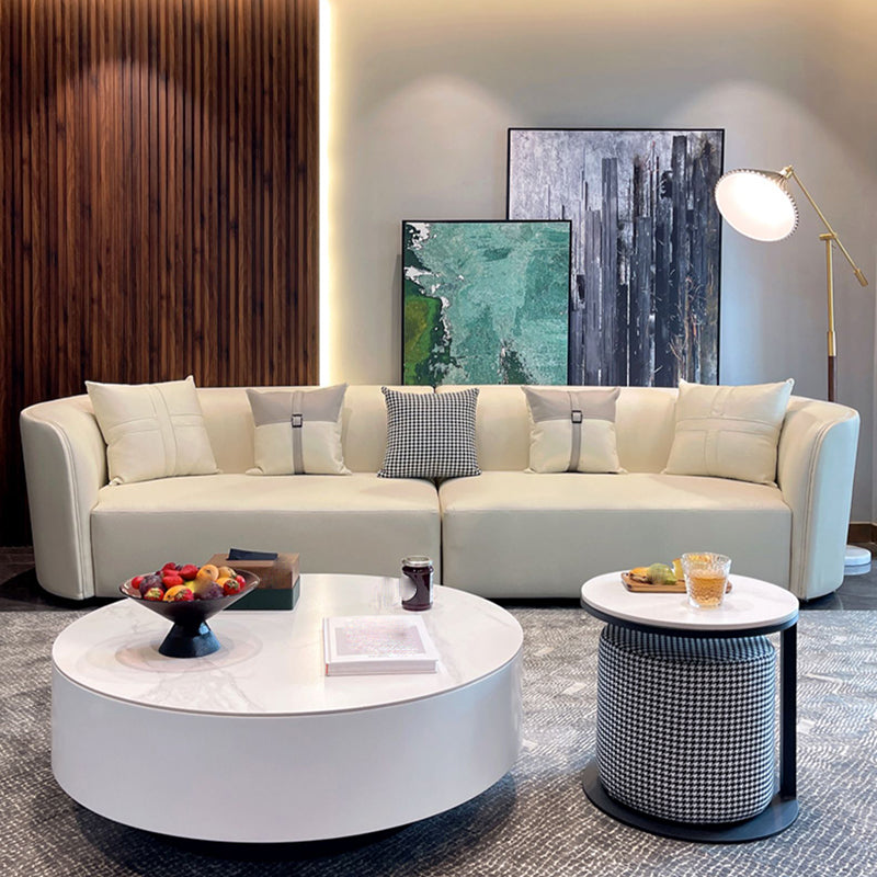 Faux Leather Pillow Top Arm Sofa/Sectional Pillowed Back Cushions, Stain-Resistant 118"L x 37"W x 28"H Off-White Clearhalo 'furn' 'furn_sectionals' 'Furniture' 'furniture_sectionals' 'kitchen' 'kitchen_sectionals' 'Living Room Furniture' 'Sectionals' 4821224