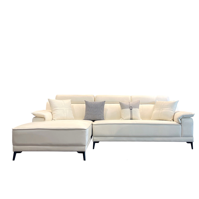 Stain-Resistant Faux Leather Pillow Top Arm Sofa/Sectional with Pillowed Back Cushions 114"L x 65"W x 35"H Off-White Clearhalo 'furn' 'furn_sectionals' 'Furniture' 'furniture_sectionals' 'kitchen' 'kitchen_sectionals' 'Living Room Furniture' 'Sectionals' 4821237