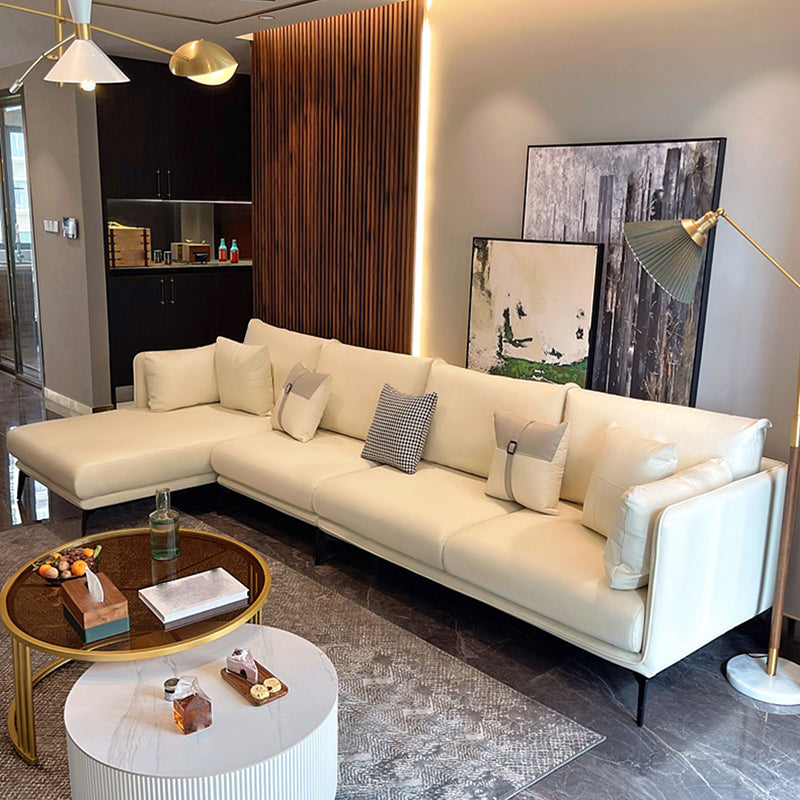 Contemporary Faux Leather Pillow Top Arm Sofa/Sectional Pillowed Back Cushions 134"L x 66"W x 35"H Off-White Clearhalo 'furn' 'furn_sectionals' 'Furniture' 'furniture_sectionals' 'kitchen' 'kitchen_sectionals' 'Living Room Furniture' 'Sectionals' 4821257