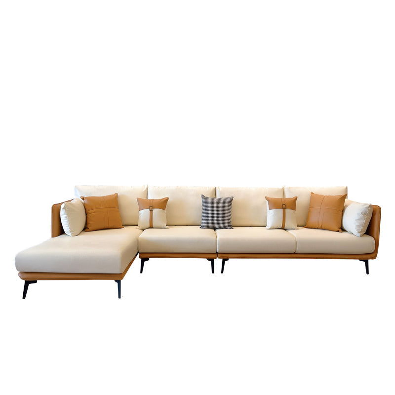 Contemporary Faux Leather Pillow Top Arm Sofa/Sectional Pillowed Back Cushions 134"L x 66"W x 35"H Orange White Clearhalo 'furn' 'furn_sectionals' 'Furniture' 'furniture_sectionals' 'kitchen' 'kitchen_sectionals' 'Living Room Furniture' 'Sectionals' 4821258