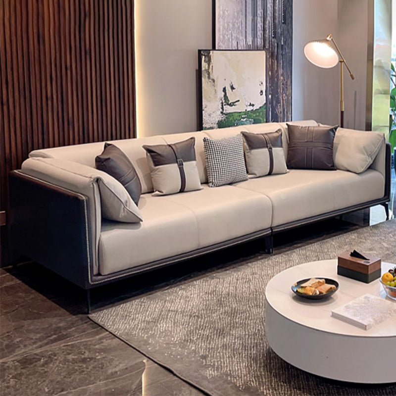 Modern Faux Leather Pillow Top Arm Sofa/Sectional Pillowed Back Cushions 110"L x 37.5"W x 29.5"H Brown-Grey Clearhalo 'furn' 'furn_sectionals' 'Furniture' 'furniture_sectionals' 'kitchen' 'kitchen_sectionals' 'Living Room Furniture' 'Sectionals' 4821285