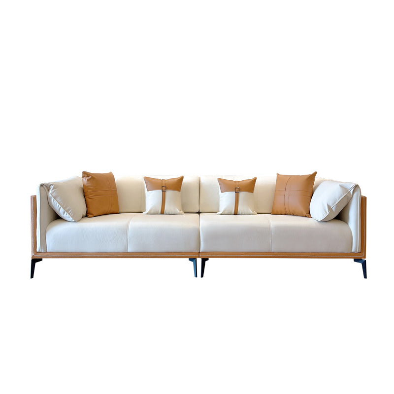 Modern Faux Leather Pillow Top Arm Sofa/Sectional Pillowed Back Cushions 94.5"L x 37.4"W x 29.5"H Orange White Clearhalo 'furn' 'furn_sectionals' 'Furniture' 'furniture_sectionals' 'kitchen' 'kitchen_sectionals' 'Living Room Furniture' 'Sectionals' 4821286