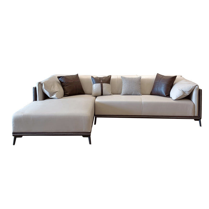 Modern Faux Leather Pillow Top Arm Sofa/Sectional Pillowed Back Cushions for Living Room 114"L x 69"W x 29.5"H Brown-Grey Clearhalo 'furn' 'furn_sectionals' 'Furniture' 'furniture_sectionals' 'kitchen' 'kitchen_sectionals' 'Living Room Furniture' 'Sectionals' 4821324