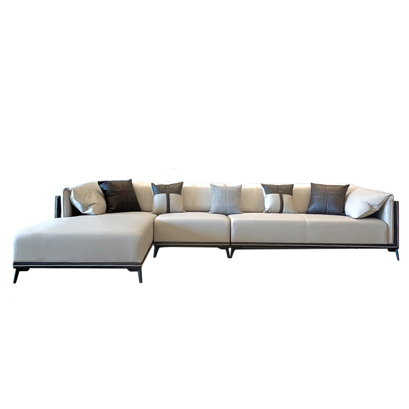Modern Faux Leather Pillow Top Arm Sofa/Sectional Pillowed Back Cushions for Living Room 140"L x 69"W x 29.5"H Brown-Grey Clearhalo 'furn' 'furn_sectionals' 'Furniture' 'furniture_sectionals' 'kitchen' 'kitchen_sectionals' 'Living Room Furniture' 'Sectionals' 4821325