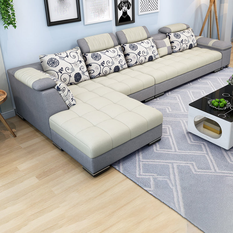 Adjustable 135.82" D x 70.86" W x 33.46" H Pillow Top Arm Sectional Pillowed Back Cushions White-Gray Clearhalo 'furn' 'furn_sectionals' 'Furniture' 'furniture_sectionals' 'kitchen' 'kitchen_sectionals' 'Living Room Furniture' 'Sectionals' 4821351