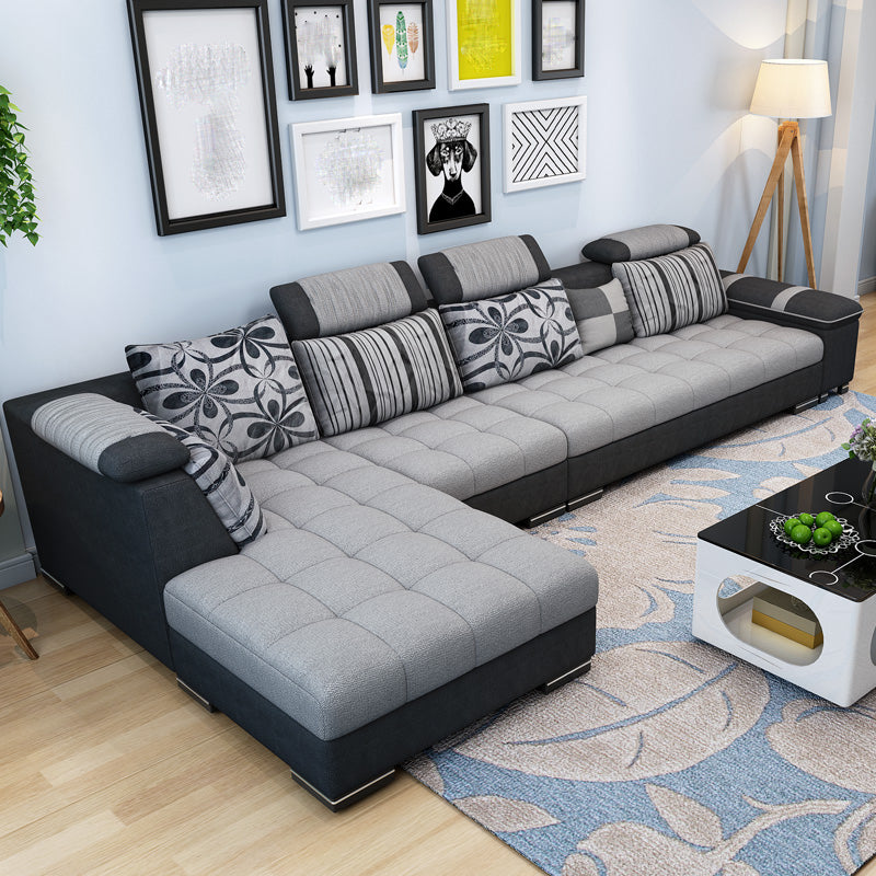 Adjustable 135.82" D x 70.86" W x 33.46" H Pillow Top Arm Sectional Pillowed Back Cushions Dark Gray-White Latex Clearhalo 'furn' 'furn_sectionals' 'Furniture' 'furniture_sectionals' 'kitchen' 'kitchen_sectionals' 'Living Room Furniture' 'Sectionals' 4821354