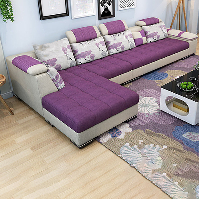 Adjustable 135.82" D x 70.86" W x 33.46" H Pillow Top Arm Sectional Pillowed Back Cushions Purple Yellow Clearhalo 'furn' 'furn_sectionals' 'Furniture' 'furniture_sectionals' 'kitchen' 'kitchen_sectionals' 'Living Room Furniture' 'Sectionals' 4821361