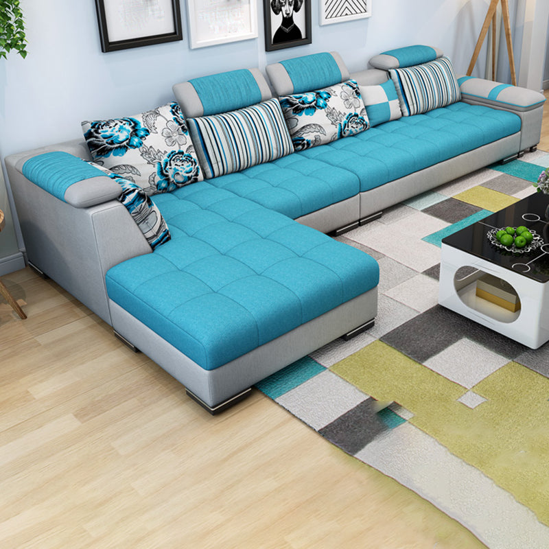 Adjustable 135.82" D x 70.86" W x 33.46" H Pillow Top Arm Sectional Pillowed Back Cushions Light Blue-Grey Clearhalo 'furn' 'furn_sectionals' 'Furniture' 'furniture_sectionals' 'kitchen' 'kitchen_sectionals' 'Living Room Furniture' 'Sectionals' 4821362