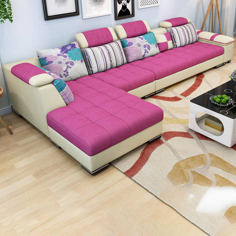 Adjustable 135.82" D x 70.86" W x 33.46" H Pillow Top Arm Sectional Pillowed Back Cushions Beige-Red Clearhalo 'furn' 'furn_sectionals' 'Furniture' 'furniture_sectionals' 'kitchen' 'kitchen_sectionals' 'Living Room Furniture' 'Sectionals' 4821363