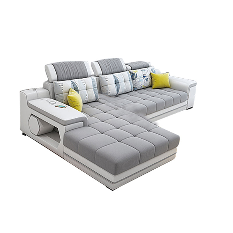 Light-grey Pillow Top Arm Sectional Pillowed Back Cushions, Adjustable 122"L x 71"W x 33.5"H Faux Leather Latex Clearhalo 'furn' 'furn_sectionals' 'Furniture' 'furniture_sectionals' 'kitchen' 'kitchen_sectionals' 'Living Room Furniture' 'Sectionals' 4821369