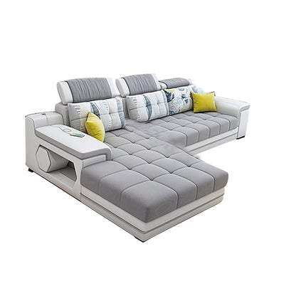 Light-grey Pillow Top Arm Sectional Pillowed Back Cushions, Adjustable 122"L x 71"W x 33.5"H Faux Leather Latex Clearhalo 'furn' 'furn_sectionals' 'Furniture' 'furniture_sectionals' 'kitchen' 'kitchen_sectionals' 'Living Room Furniture' 'Sectionals' 4821369