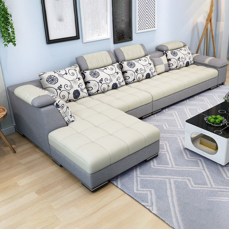 135.82" D x 70.86" W x 33.46" H Pillow Top Arm Sectional Adjustable Pillowed Back Cushions White-Gray Clearhalo 'furn' 'furn_sectionals' 'Furniture' 'furniture_sectionals' 'kitchen' 'kitchen_sectionals' 'Living Room Furniture' 'Sectionals' 4821375