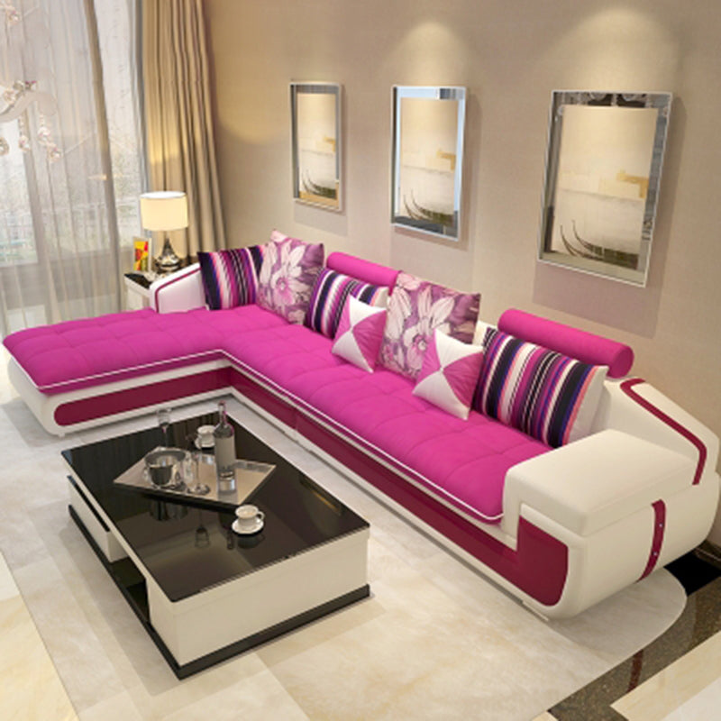 4-seater Recessed Arm Pillowed Back Cushions Sectional Sofa with Chaise Pink Clearhalo 'furn' 'furn_sectionals' 'Furniture' 'furniture_sectionals' 'kitchen' 'kitchen_sectionals' 'Living Room Furniture' 'Sectionals' 4821419