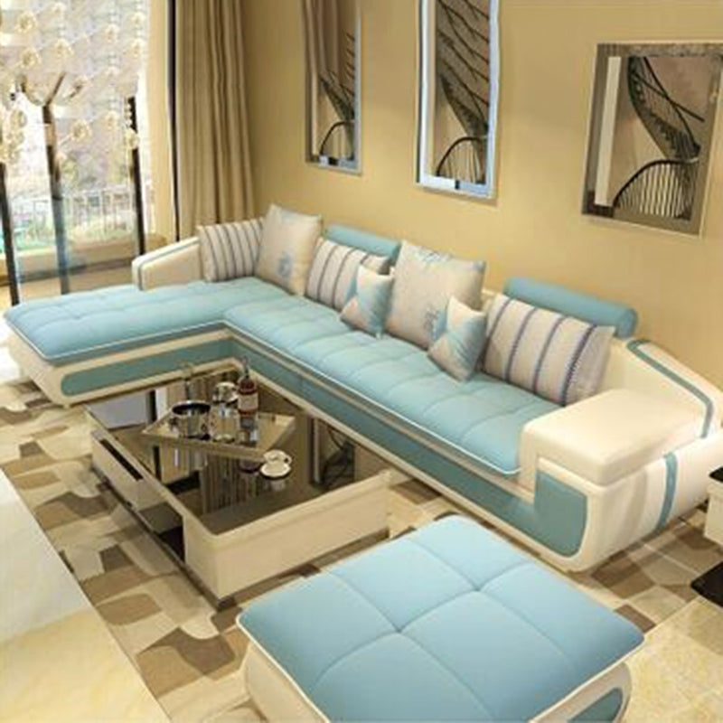 4-seater Recessed Arm Pillowed Back Cushions Sectional Sofa with Chaise Light Blue Clearhalo 'furn' 'furn_sectionals' 'Furniture' 'furniture_sectionals' 'kitchen' 'kitchen_sectionals' 'Living Room Furniture' 'Sectionals' 4821421