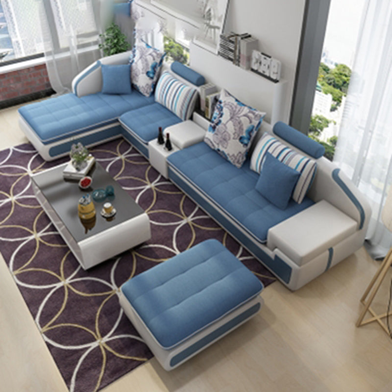4-seater Recessed Arm Pillowed Back Cushions Sectional Sofa with Chaise Sky Blue Clearhalo 'furn' 'furn_sectionals' 'Furniture' 'furniture_sectionals' 'kitchen' 'kitchen_sectionals' 'Living Room Furniture' 'Sectionals' 4821423