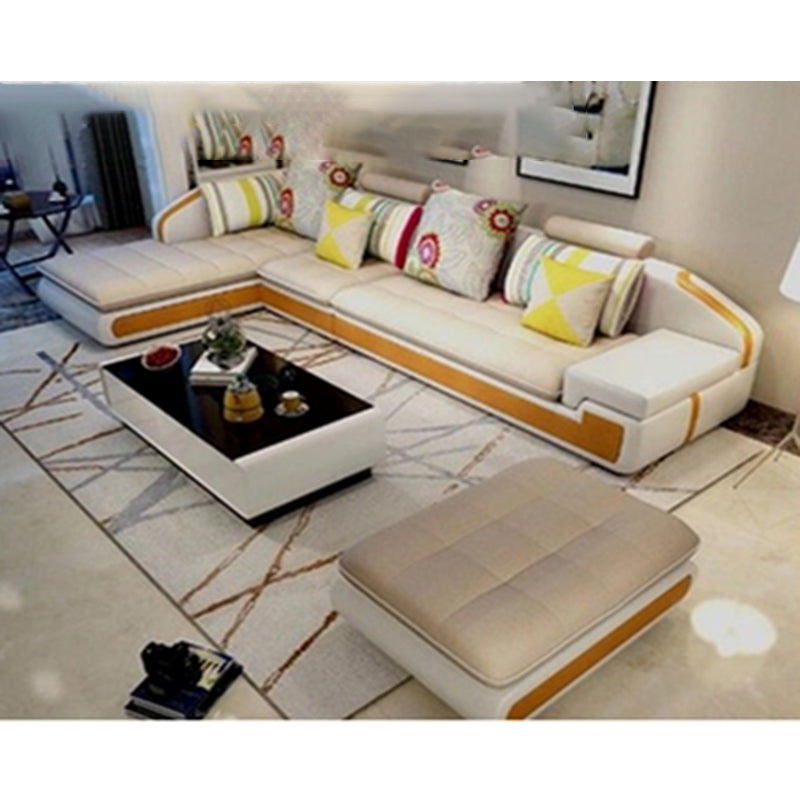 4-seater Recessed Arm Pillowed Back Cushions Sectional Sofa with Chaise Light Yellow Clearhalo 'furn' 'furn_sectionals' 'Furniture' 'furniture_sectionals' 'kitchen' 'kitchen_sectionals' 'Living Room Furniture' 'Sectionals' 4821424