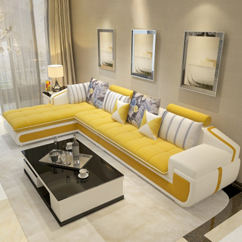 4-seater Recessed Arm Pillowed Back Cushions Sectional Sofa with Chaise Yellow Clearhalo 'furn' 'furn_sectionals' 'Furniture' 'furniture_sectionals' 'kitchen' 'kitchen_sectionals' 'Living Room Furniture' 'Sectionals' 4821425