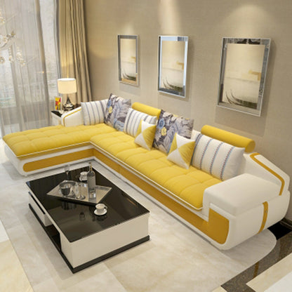 4-seater Recessed Arm Pillowed Back Cushions Sectional Sofa with Chaise Yellow Clearhalo 'furn' 'furn_sectionals' 'Furniture' 'furniture_sectionals' 'kitchen' 'kitchen_sectionals' 'Living Room Furniture' 'Sectionals' 4821425