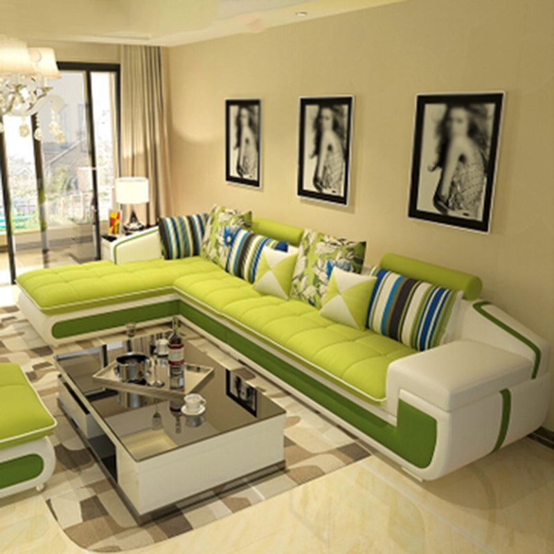 4-seater Recessed Arm Pillowed Back Cushions Sectional Sofa with Chaise Green Clearhalo 'furn' 'furn_sectionals' 'Furniture' 'furniture_sectionals' 'kitchen' 'kitchen_sectionals' 'Living Room Furniture' 'Sectionals' 4821427